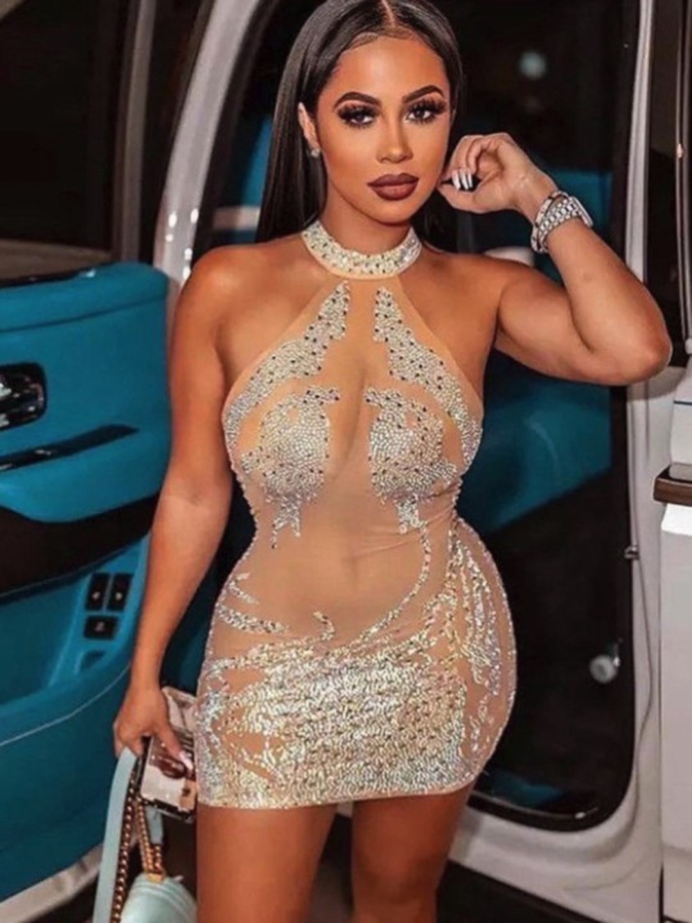 Embellished Nude Sheer Halter Mini Dress ED4092